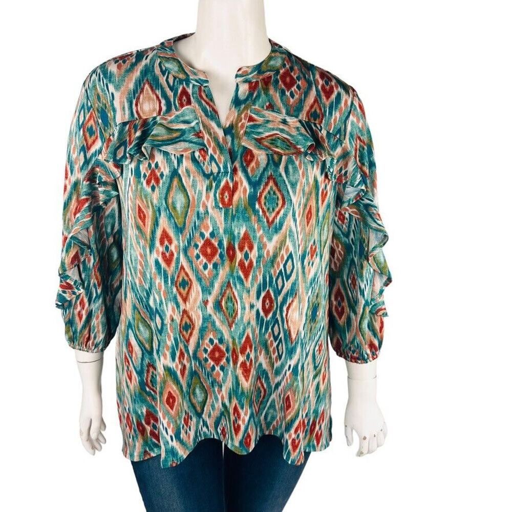 New Cato Womans Sz XL Blouse 3/4 Sleeve Abstract High Low Stretch NWT